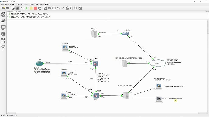 Screenshot showing Windows VM connected to Cisco IOSv router in GNS3 topology